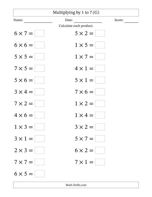 The Horizontally Arranged Multiplying up to 7 × 7 (25 Questions; Large Print) (G) Math Worksheet