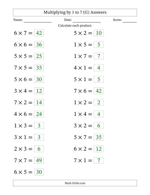 The Horizontally Arranged Multiplication Facts with Factors 1 to 7 and Products to 49 (25 Questions; Large Print) (G) Math Worksheet Page 2