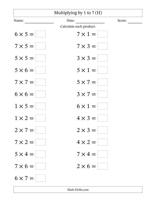 The Horizontally Arranged Multiplication Facts with Factors 1 to 7 and Products to 49 (25 Questions; Large Print) (H) Math Worksheet