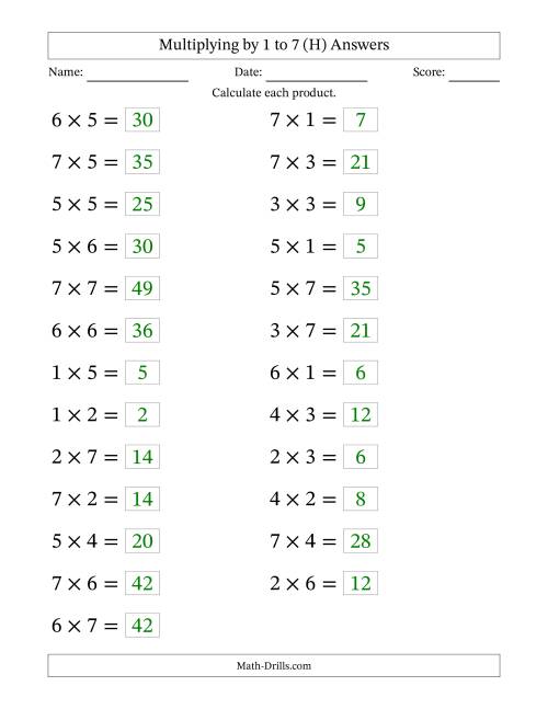 The Horizontally Arranged Multiplying up to 7 × 7 (25 Questions; Large Print) (H) Math Worksheet Page 2
