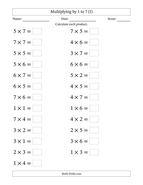 The Horizontally Arranged Multiplying up to 7 × 7 (25 Questions; Large Print) (I) Math Worksheet
