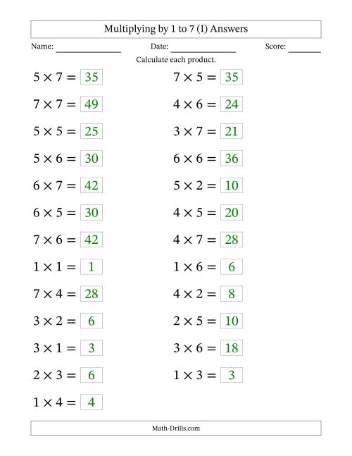 The Horizontally Arranged Multiplication Facts with Factors 1 to 7 and Products to 49 (25 Questions; Large Print) (I) Math Worksheet Page 2