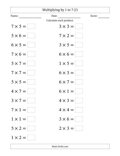 The Horizontally Arranged Multiplying up to 7 × 7 (25 Questions; Large Print) (J) Math Worksheet