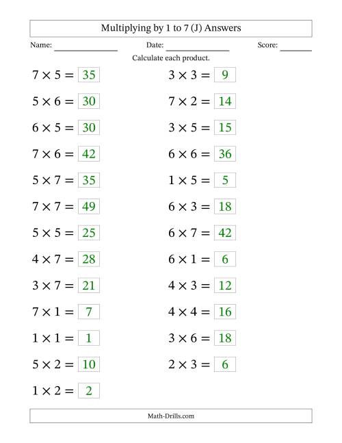 The Horizontally Arranged Multiplication Facts with Factors 1 to 7 and Products to 49 (25 Questions; Large Print) (J) Math Worksheet Page 2