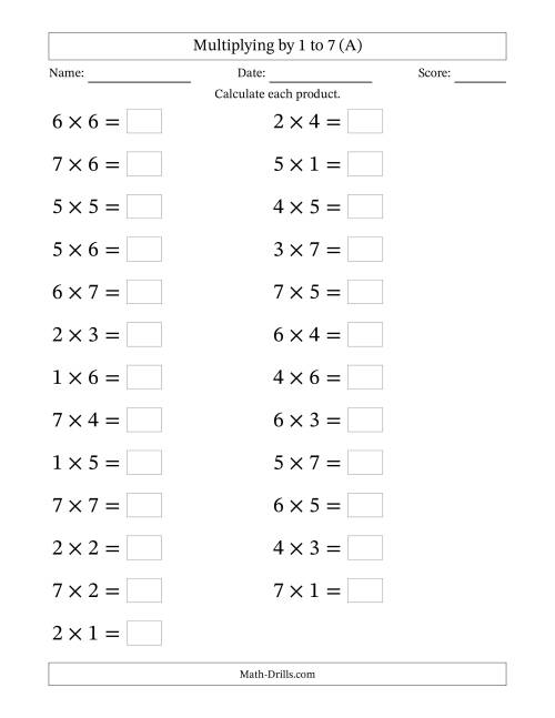 The Horizontally Arranged Multiplication Facts with Factors 1 to 7 and Products to 49 (25 Questions; Large Print) (All) Math Worksheet