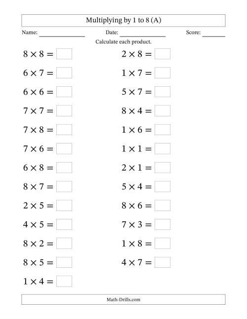 The Horizontally Arranged Multiplication Facts with Factors 1 to 8 and Products to 64 (25 Questions; Large Print) (A) Math Worksheet