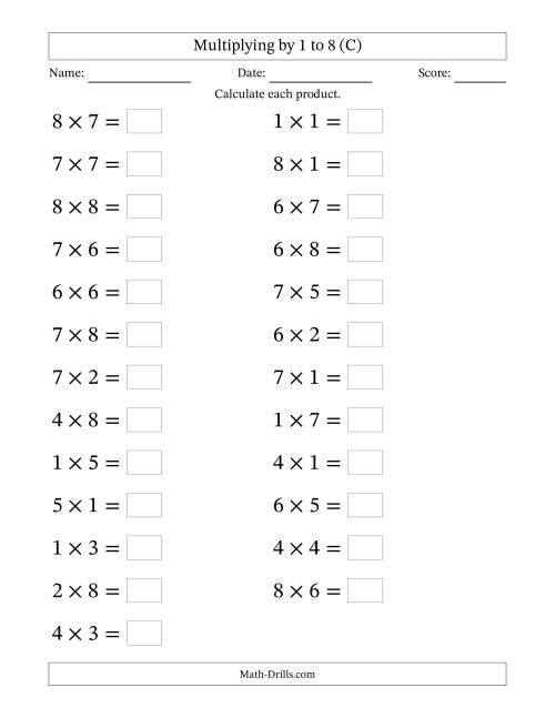 The Horizontally Arranged Multiplying up to 8 × 8 (25 Questions; Large Print) (C) Math Worksheet