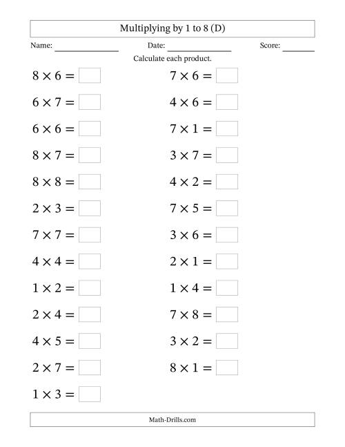 The Horizontally Arranged Multiplying up to 8 × 8 (25 Questions; Large Print) (D) Math Worksheet