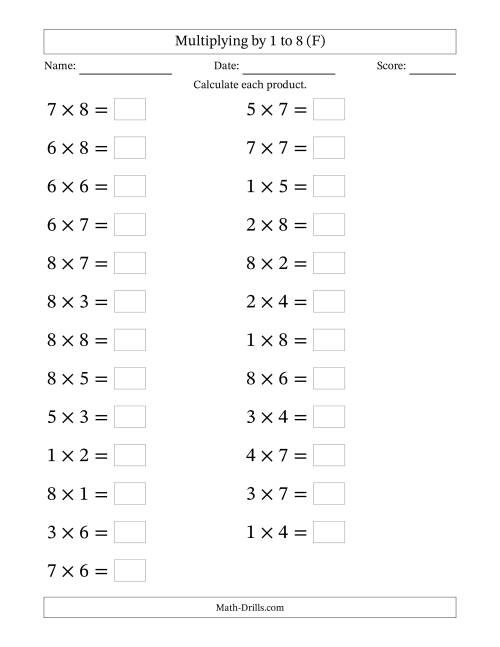 The Horizontally Arranged Multiplying up to 8 × 8 (25 Questions; Large Print) (F) Math Worksheet