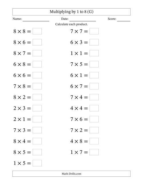 The Horizontally Arranged Multiplying up to 8 × 8 (25 Questions; Large Print) (G) Math Worksheet