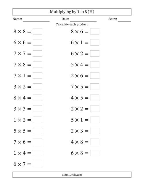 The Horizontally Arranged Multiplying up to 8 × 8 (25 Questions; Large Print) (H) Math Worksheet