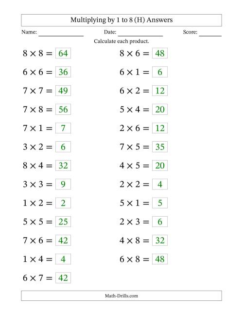 The Horizontally Arranged Multiplying up to 8 × 8 (25 Questions; Large Print) (H) Math Worksheet Page 2