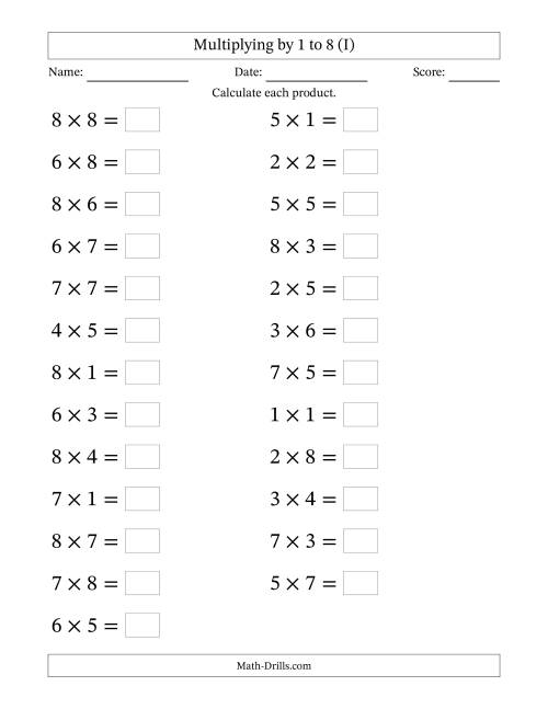 The Horizontally Arranged Multiplying up to 8 × 8 (25 Questions; Large Print) (I) Math Worksheet