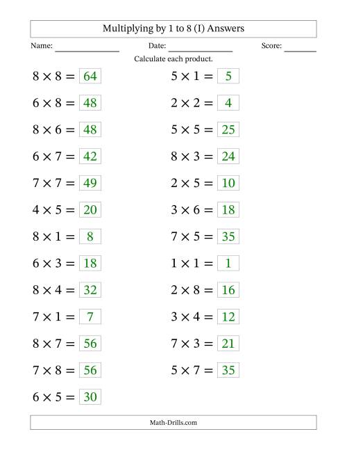 The Horizontally Arranged Multiplying up to 8 × 8 (25 Questions; Large Print) (I) Math Worksheet Page 2