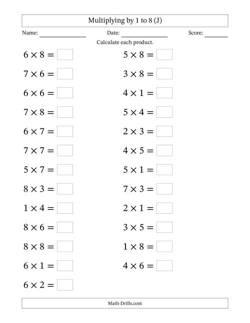 The Horizontally Arranged Multiplying up to 8 × 8 (25 Questions; Large Print) (J) Math Worksheet