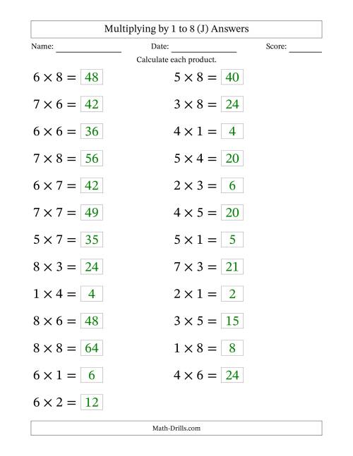 The Horizontally Arranged Multiplying up to 8 × 8 (25 Questions; Large Print) (J) Math Worksheet Page 2