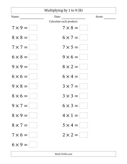 The Horizontally Arranged Multiplication Facts with Factors 1 to 9 and Products to 81 (25 Questions; Large Print) (B) Math Worksheet