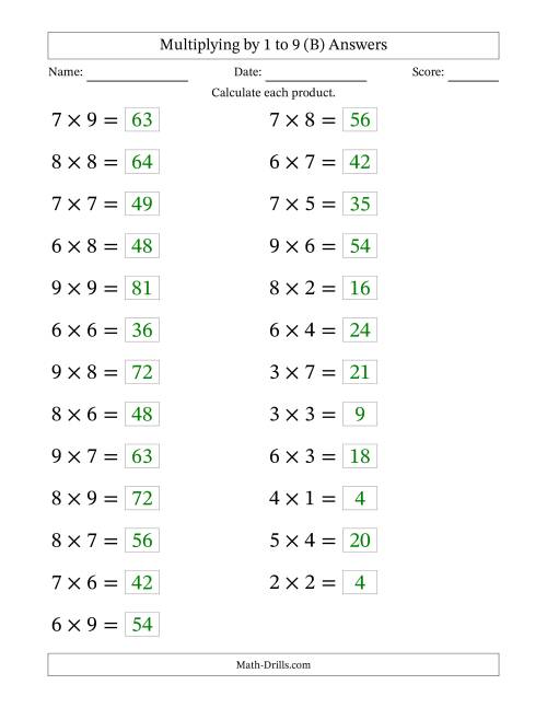 The Horizontally Arranged Multiplication Facts with Factors 1 to 9 and Products to 81 (25 Questions; Large Print) (B) Math Worksheet Page 2