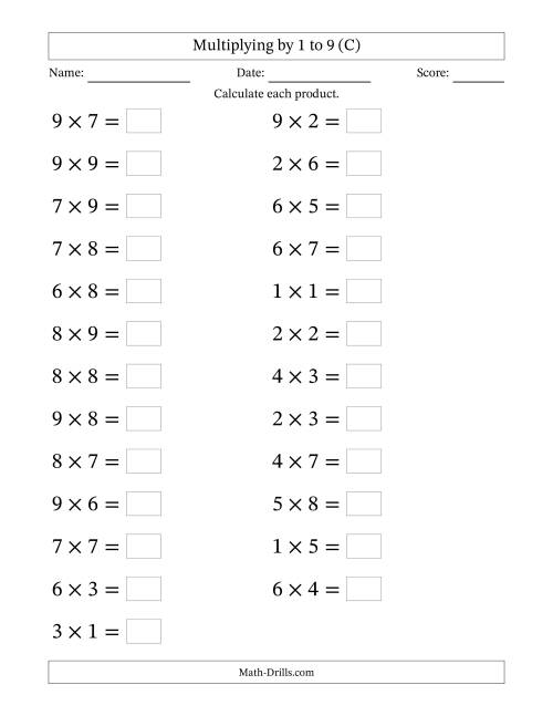 The Horizontally Arranged Multiplication Facts with Factors 1 to 9 and Products to 81 (25 Questions; Large Print) (C) Math Worksheet