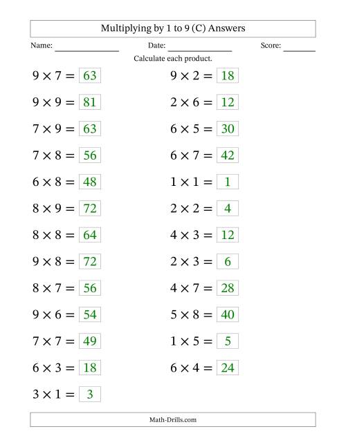 The Horizontally Arranged Multiplication Facts with Factors 1 to 9 and Products to 81 (25 Questions; Large Print) (C) Math Worksheet Page 2