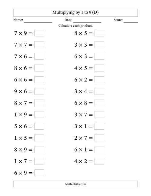 The Horizontally Arranged Multiplication Facts with Factors 1 to 9 and Products to 81 (25 Questions; Large Print) (D) Math Worksheet