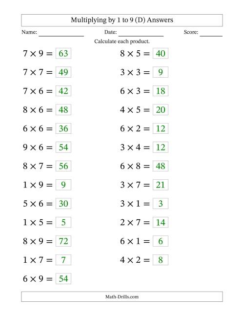 The Horizontally Arranged Multiplying up to 9 × 9 (25 Questions; Large Print) (D) Math Worksheet Page 2