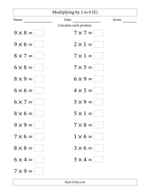 The Horizontally Arranged Multiplication Facts with Factors 1 to 9 and Products to 81 (25 Questions; Large Print) (E) Math Worksheet