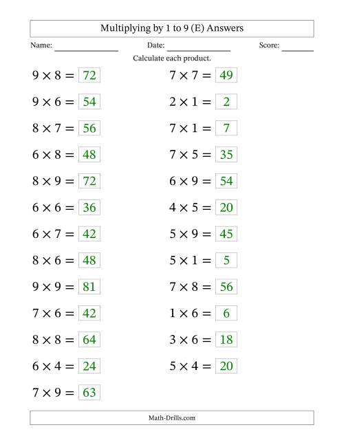 The Horizontally Arranged Multiplication Facts with Factors 1 to 9 and Products to 81 (25 Questions; Large Print) (E) Math Worksheet Page 2