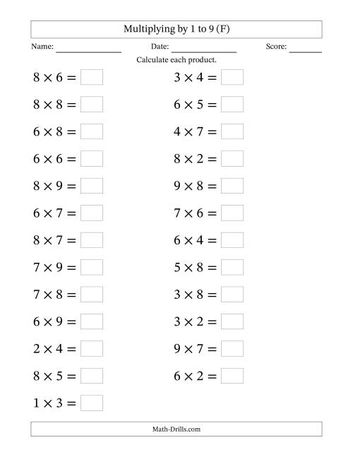 The Horizontally Arranged Multiplication Facts with Factors 1 to 9 and Products to 81 (25 Questions; Large Print) (F) Math Worksheet