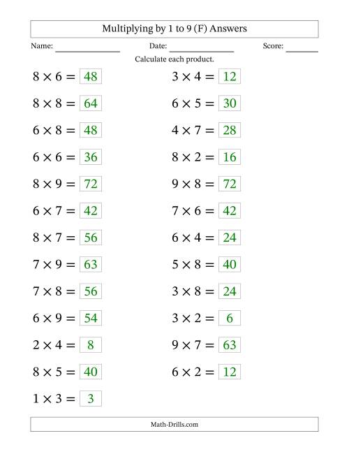 The Horizontally Arranged Multiplication Facts with Factors 1 to 9 and Products to 81 (25 Questions; Large Print) (F) Math Worksheet Page 2