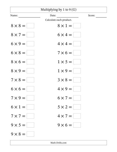 The Horizontally Arranged Multiplying up to 9 × 9 (25 Questions; Large Print) (G) Math Worksheet