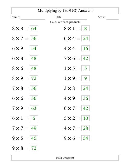 The Horizontally Arranged Multiplying up to 9 × 9 (25 Questions; Large Print) (G) Math Worksheet Page 2