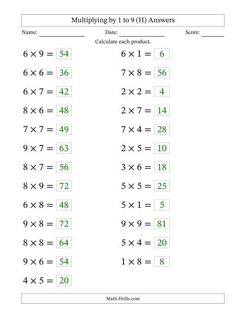 The Horizontally Arranged Multiplying up to 9 × 9 (25 Questions; Large Print) (H) Math Worksheet Page 2