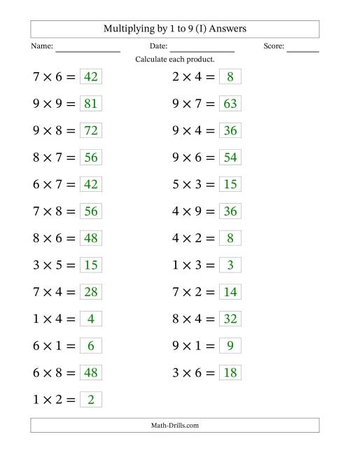 The Horizontally Arranged Multiplication Facts with Factors 1 to 9 and Products to 81 (25 Questions; Large Print) (I) Math Worksheet Page 2