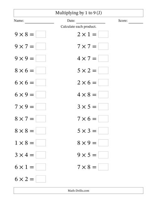 The Horizontally Arranged Multiplication Facts with Factors 1 to 9 and Products to 81 (25 Questions; Large Print) (J) Math Worksheet