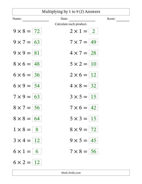 The Horizontally Arranged Multiplying up to 9 × 9 (25 Questions; Large Print) (J) Math Worksheet Page 2