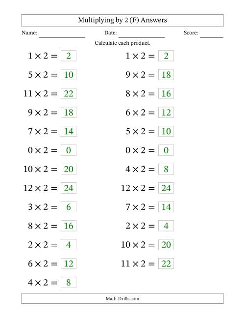 The Horizontally Arranged Multiplying (0 to 12) by 2 (25 Questions; Large Print) (F) Math Worksheet Page 2