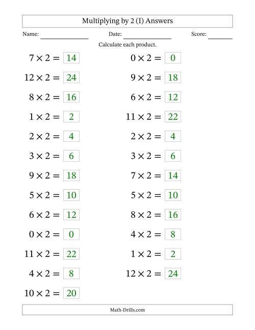 The Horizontally Arranged Multiplying (0 to 12) by 2 (25 Questions; Large Print) (I) Math Worksheet Page 2