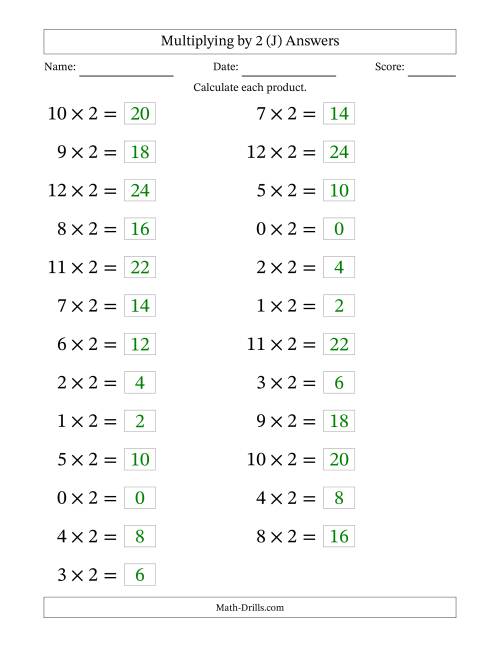 The Horizontally Arranged Multiplying (0 to 12) by 2 (25 Questions; Large Print) (J) Math Worksheet Page 2
