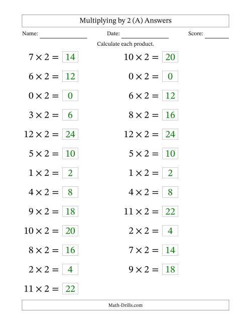 The Horizontally Arranged Multiplying (0 to 12) by 2 (25 Questions; Large Print) (All) Math Worksheet Page 2
