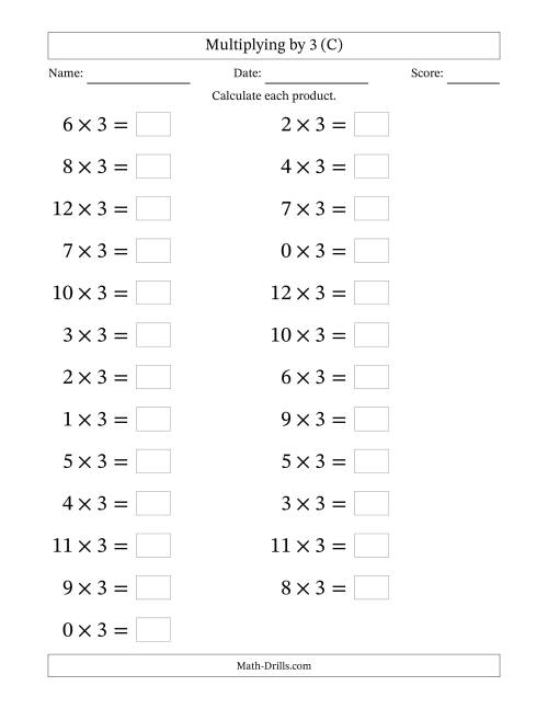 The Horizontally Arranged Multiplying (0 to 12) by 3 (25 Questions; Large Print) (C) Math Worksheet
