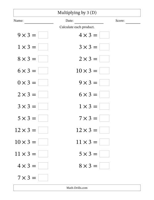 The Horizontally Arranged Multiplying (0 to 12) by 3 (25 Questions; Large Print) (D) Math Worksheet