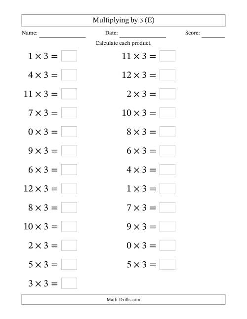 The Horizontally Arranged Multiplying (0 to 12) by 3 (25 Questions; Large Print) (E) Math Worksheet