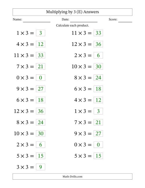 The Horizontally Arranged Multiplying (0 to 12) by 3 (25 Questions; Large Print) (E) Math Worksheet Page 2