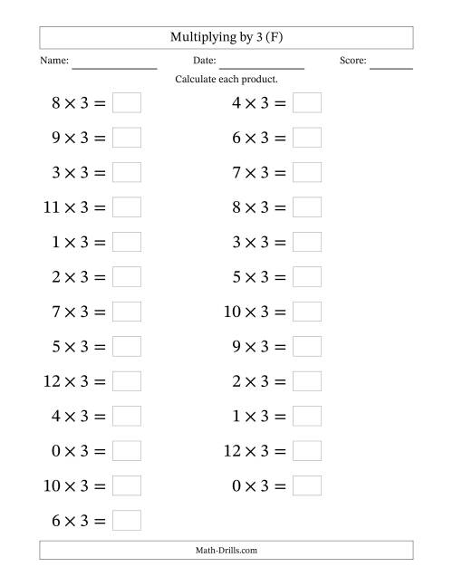 The Horizontally Arranged Multiplying (0 to 12) by 3 (25 Questions; Large Print) (F) Math Worksheet
