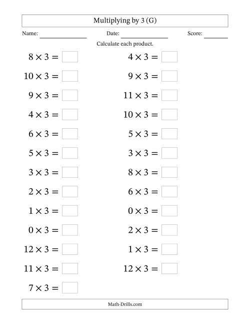 The Horizontally Arranged Multiplying (0 to 12) by 3 (25 Questions; Large Print) (G) Math Worksheet