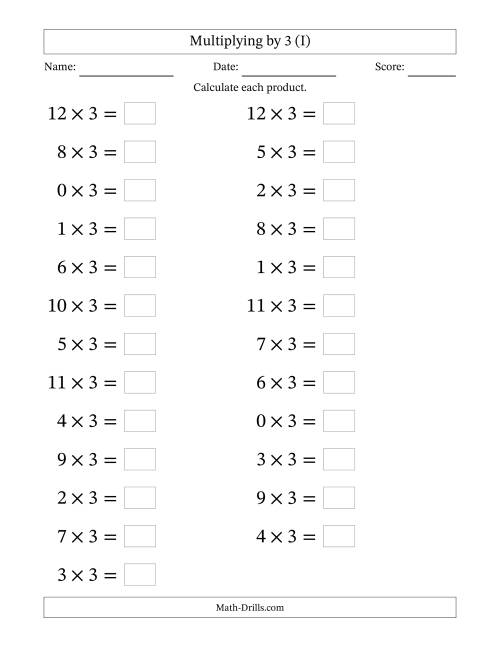 The Horizontally Arranged Multiplying (0 to 12) by 3 (25 Questions; Large Print) (I) Math Worksheet
