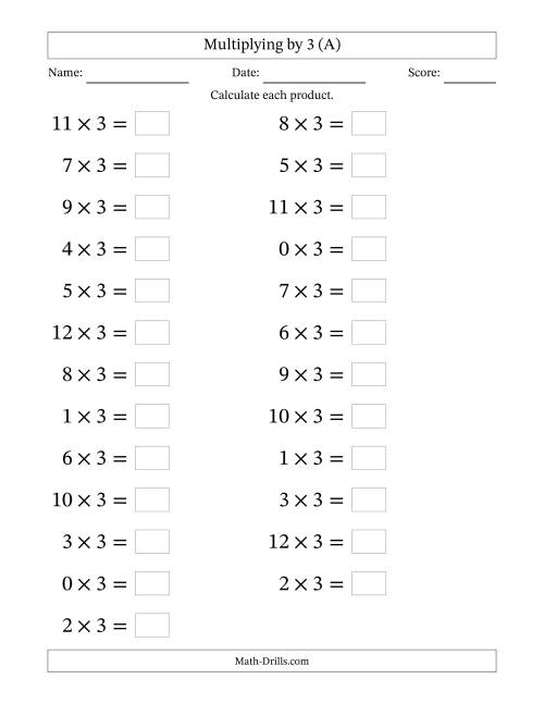 The Horizontally Arranged Multiplying (0 to 12) by 3 (25 Questions; Large Print) (All) Math Worksheet