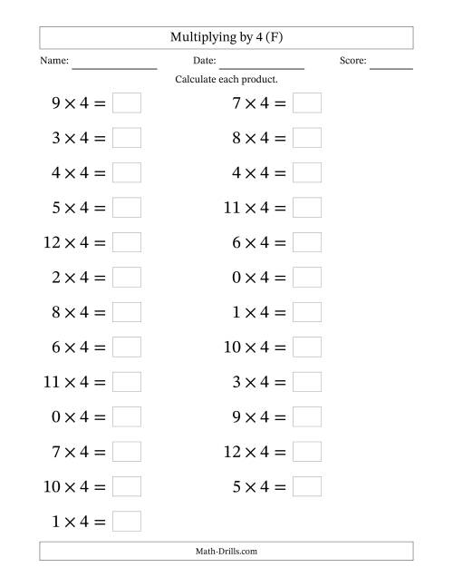 The Horizontally Arranged Multiplying (0 to 12) by 4 (25 Questions; Large Print) (F) Math Worksheet