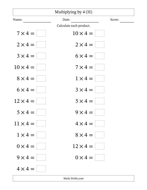The Horizontally Arranged Multiplying (0 to 12) by 4 (25 Questions; Large Print) (H) Math Worksheet